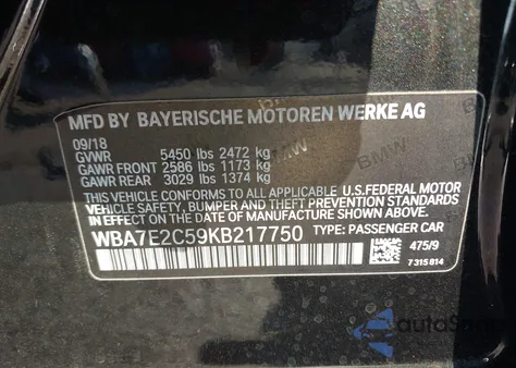 2019 BMW 740I z USA, uszkodzony, nr VIN WBA7E2C59KB217750